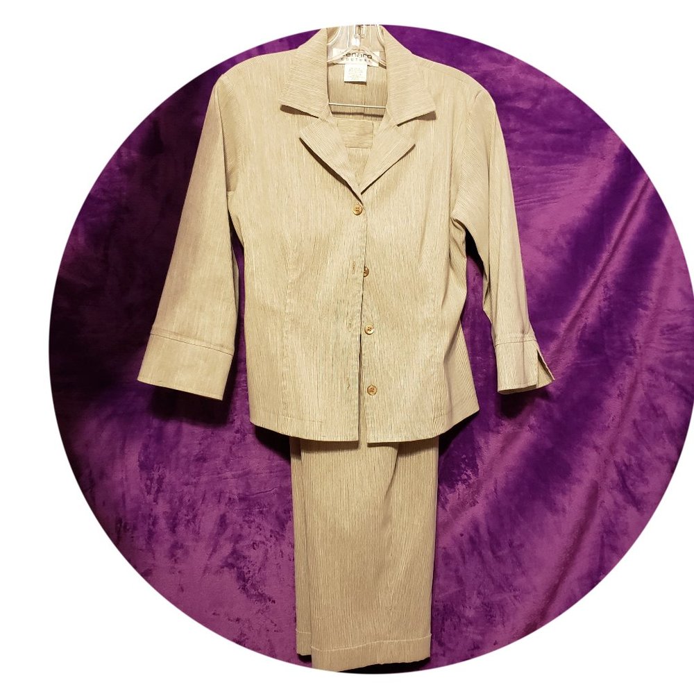 Benard Couture Womens Blazer and Capri Pant Suit Tan Cream Stripe 4